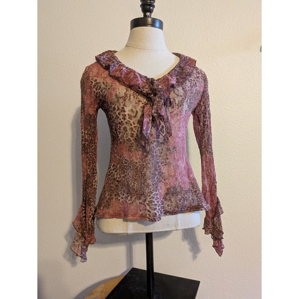 onn'est pas des anges sheer ruffle y2k‎ long sleeve blouse pink and brown
